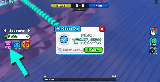 Screenshot of the Power Up Soccer codes redemption system.