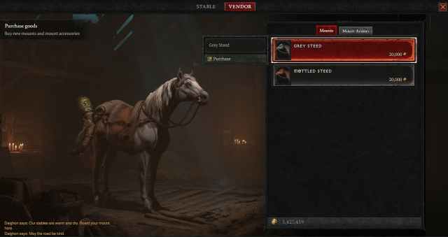 The Diablo 4 Stablemaster interface showing the Grey Steed for sale.