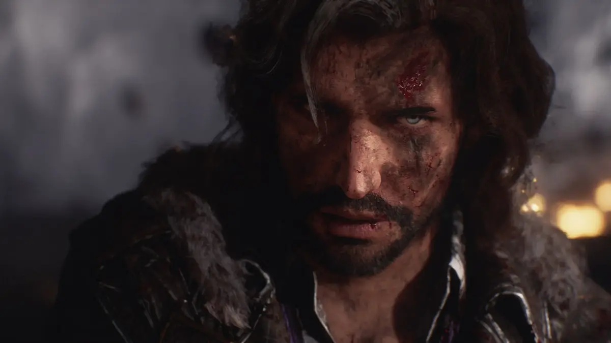 A bloodied and bruised man stares forward while his hair dangles in front of one eye.