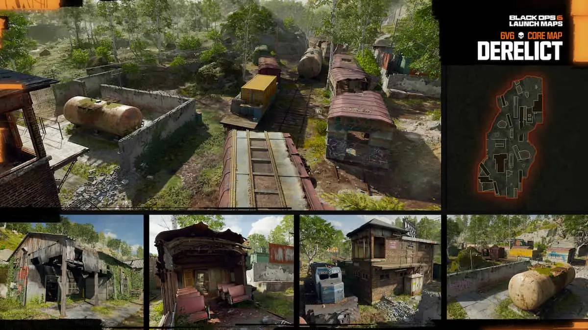 Derelict map overview in Black Ops 6. Abandoned train cars and barns stand in a forest.