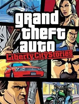 GTA Liberty City Stories box art, with several characters, cars, and weapons drawn in a cartoon style.