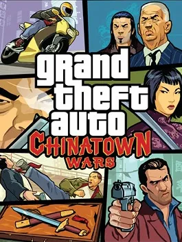 GTA Chinatown Wars box art, with several characters, cars, and weapons drawn in a cartoon style.