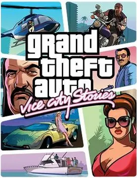 GTA Vice City Stories box art, with several characters, cars, and weapons drawn in a cartoon style.