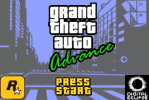 GTA Advance screenshot, featuring word art and a city street background.