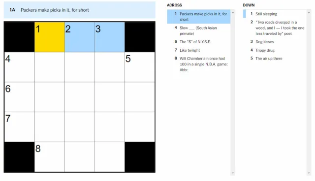 NYT Mini Crossword Oct. 18 'Packers make picks in it' puzzle