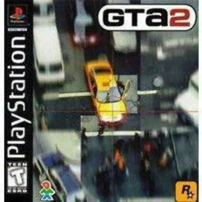 GTA 2 box art, featuring a blurry taxi cab in traffic with people walking past.