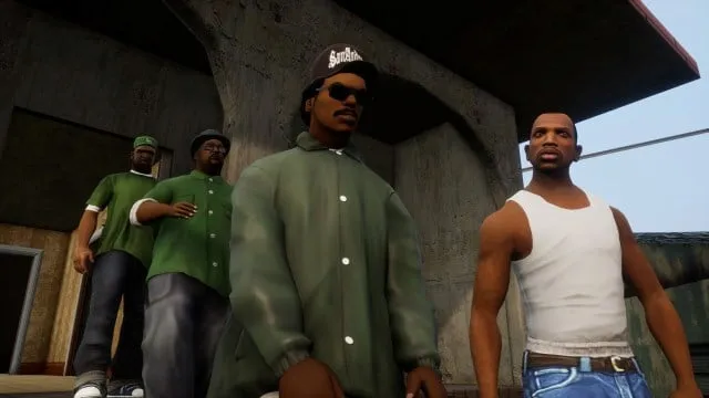 GTA San Andreas Grove Street crew walk under a bridge, talking to each other.