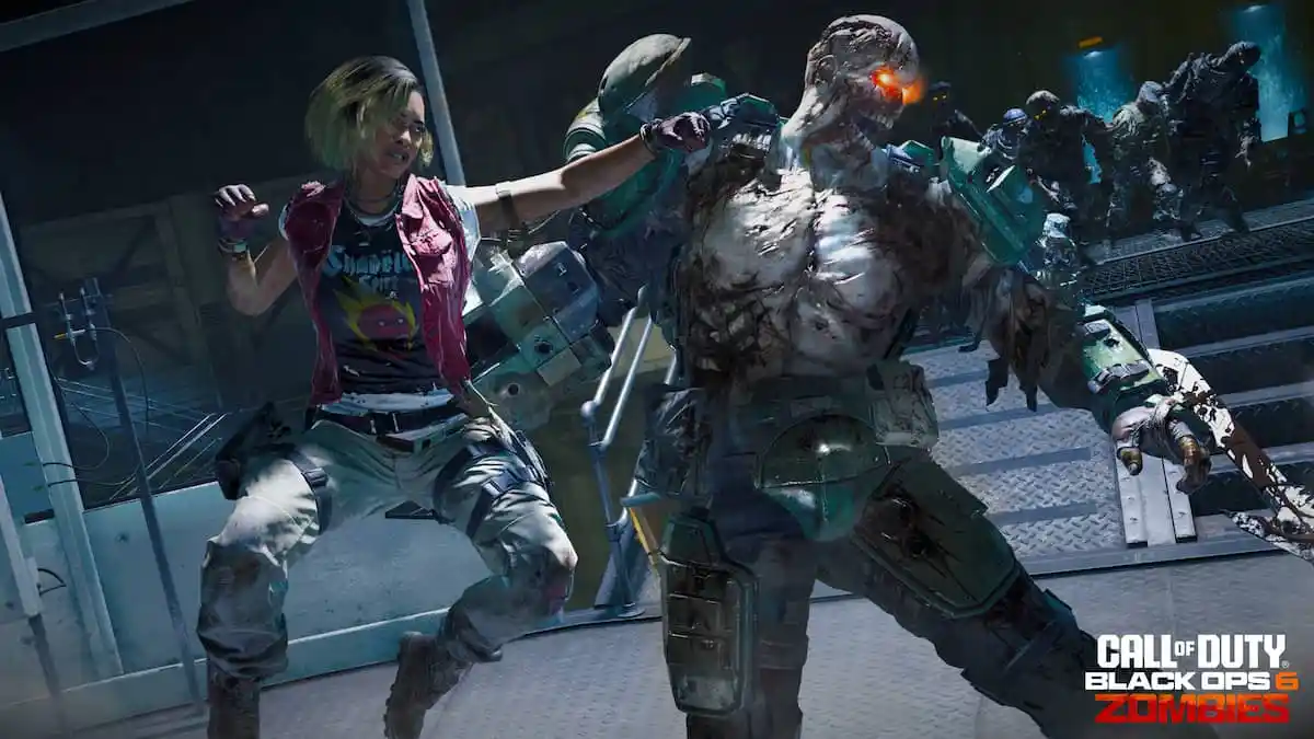 A woman punches a giant zombie wearing shoulder armor in the face.