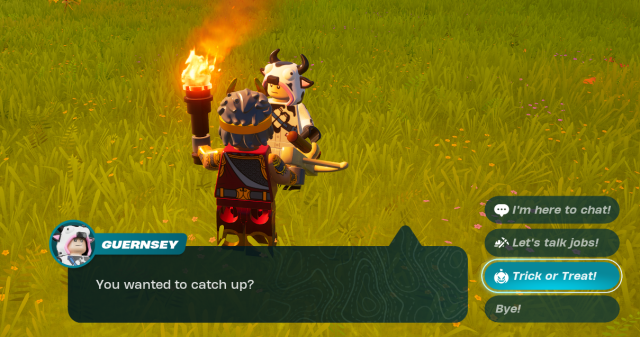 a player talking to an npc villager on a grassland about trick or treasing