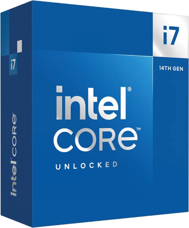 4/3 front view of the Intel Core i7-14700K product box. More details below.