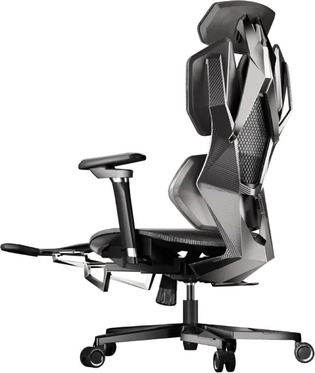 3/4 back view of the JWX Cyberchair Pro Max with foot rests fully extended. Described in detail below.