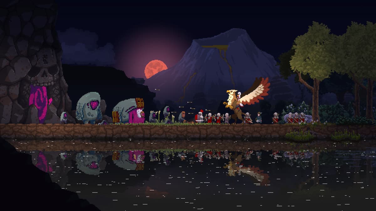 A Monarch and his army standing in front of a Cliff Portal in Kingdom Two Crowns.