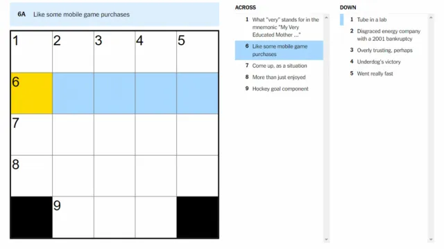 The Like some mobile game purchases clue highlighted on the NYT Mini Crossword puzzle.