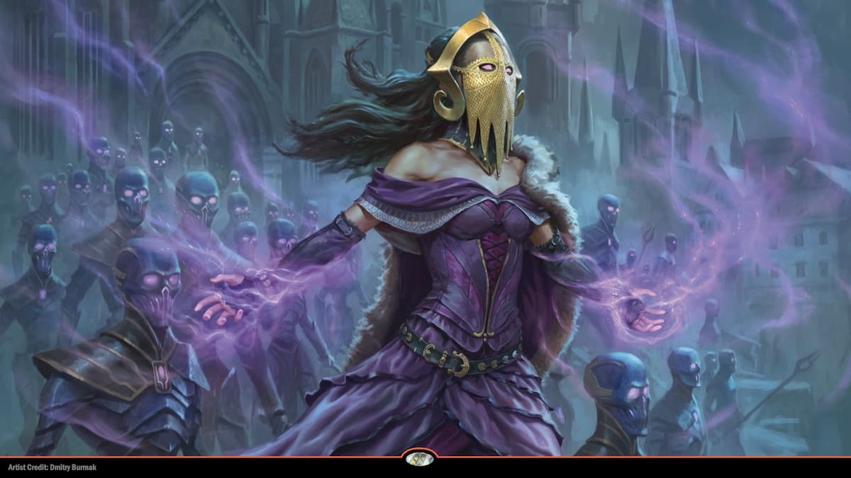 Liliana Planeswalker with Veil mask summoning zombies through purple Magic in MTG Foundations set