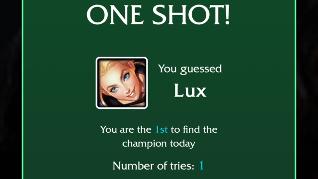 An image of Lux on a green background with the one-shot success message for the LoLdle quote