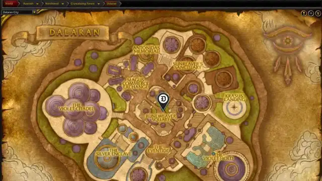 Map and location of the Timewalking vendor in Dalaran city in WoW The War Within.