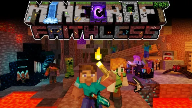 Characters and mobs running underneath the Minecraft Faithless logo.