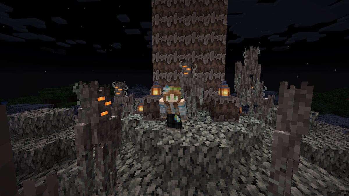 Standing by some Creaking hearts and many Creaking in Minecraft.