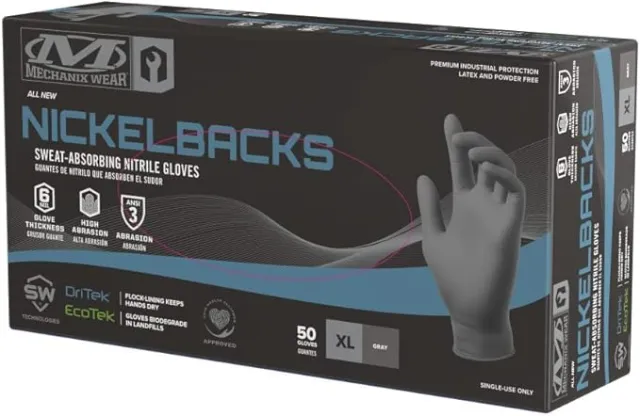 3/4 front view of a box of Mechanix Wear Nickelbacks, black, disposable, sweat-absorbing nitrile gloves designed for precision work. More details below.