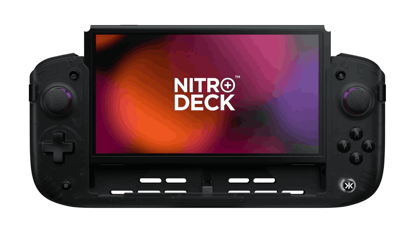 Front view of a Switch half-slotted into the Nitro Deck Plus. More details below.