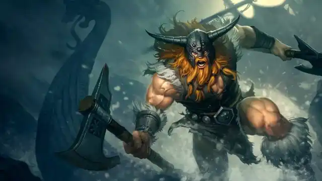 League of Legends champion Olaf wearing Viking-like apparel and carriyng two axes and trekking through a snowstorm.