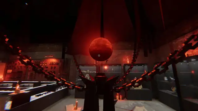 Looking at the floating red Blood Moon altar in the Phasmophobia lobby.