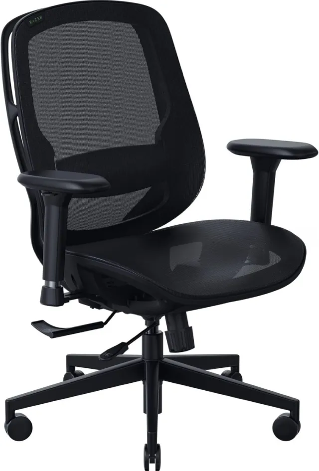 3/4 front view of the Razer FUJIN, an all-mesh rolling office chair with adjustable armrests and lumbar support. More details below.