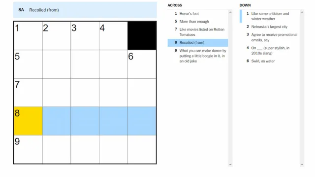 The Recoiled (from) clue highlighted on the NYT Mini Crossword.