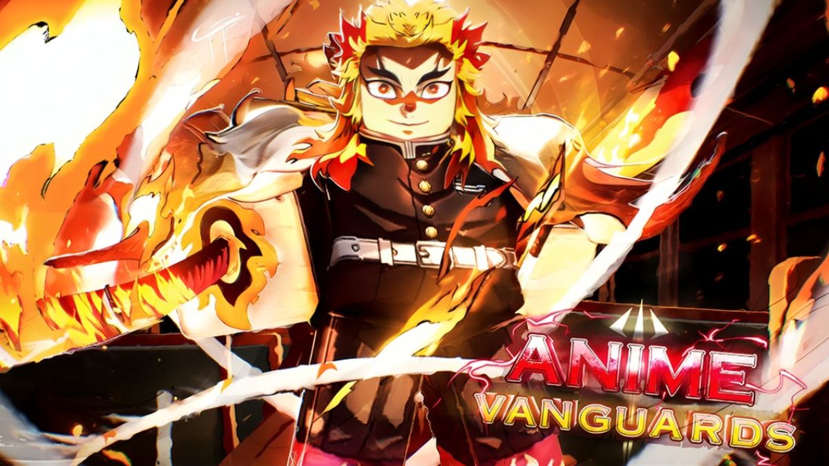 Anime Vanguards game poster on Roblox with Rengoku wearing his cape and holding his sword