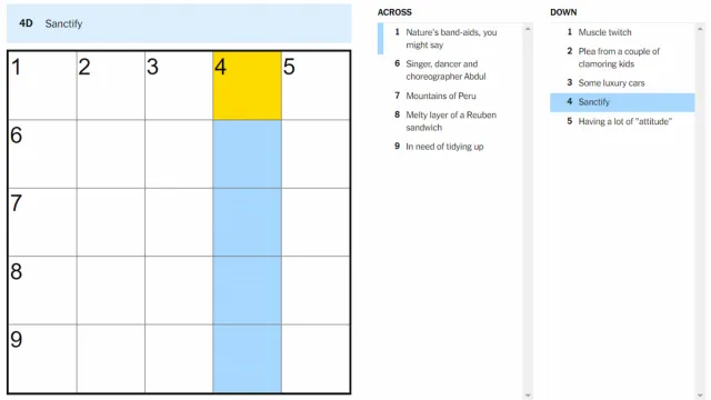 The Sanctify clue on the NYT Mini Crossword.