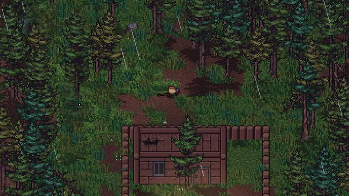 A Zero Sievert character in the forest close to a wooden house.