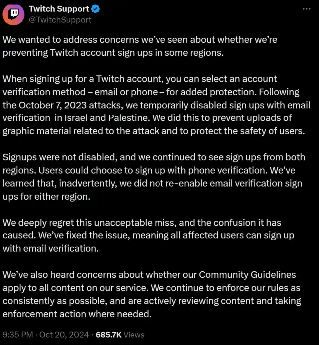 A screenshot from Twitch's X account that shows readers the platform's full statement in response to claims about bans against Israel.