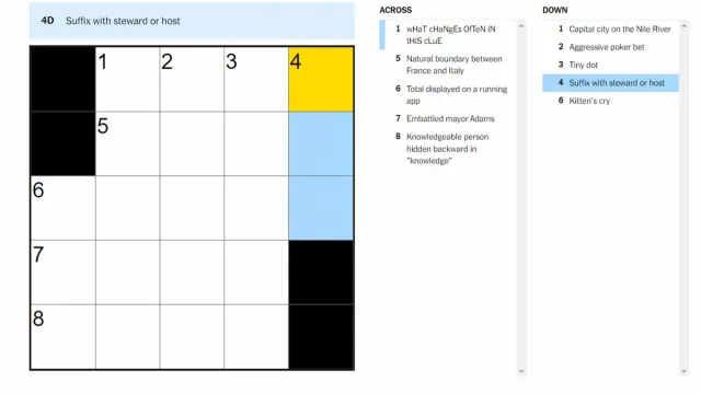 The Suffix with steward or host clue highlighted on the NYT Mini Crossword.