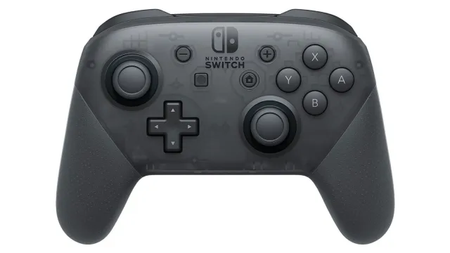 Front view of the gray Nintendo Switch Pro Controller with rubber grips and translucent body. More details below.