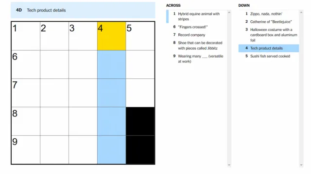 The Tech product details clue highlighted on the NYT Mini Crossword.