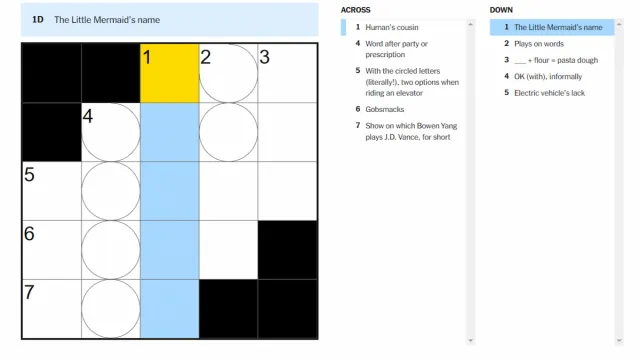 The Little Mermaid's name clue highlighted on the NYT Mini Crossword.