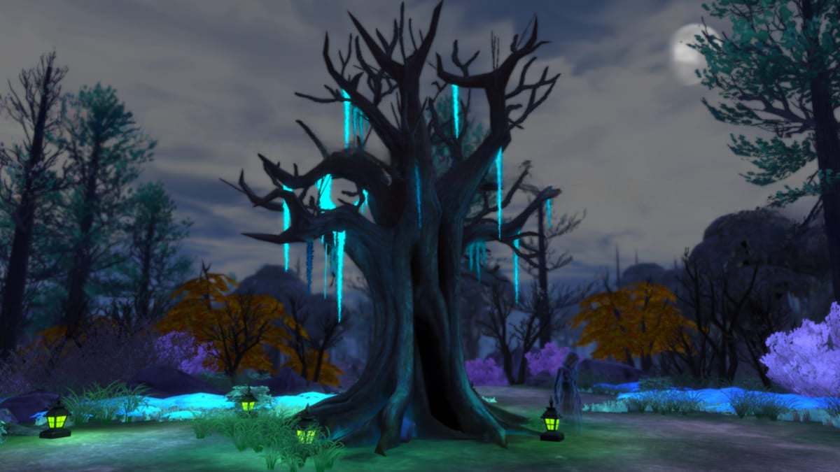 The ghost mother Alice mourning under her glowing tree in the Alice's Sorrow quest in The Sims 4 Life & Death.