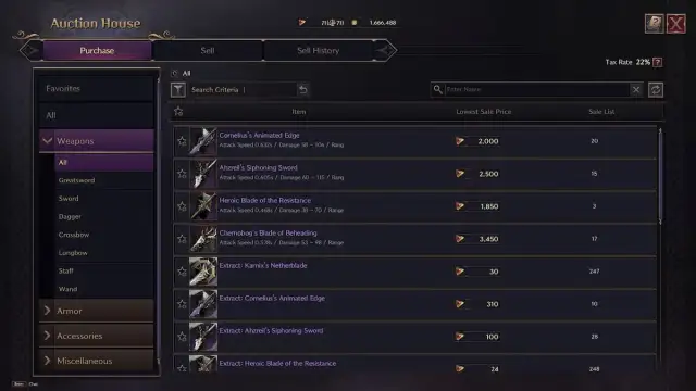 Auction House sword prices in Throne and Liberty