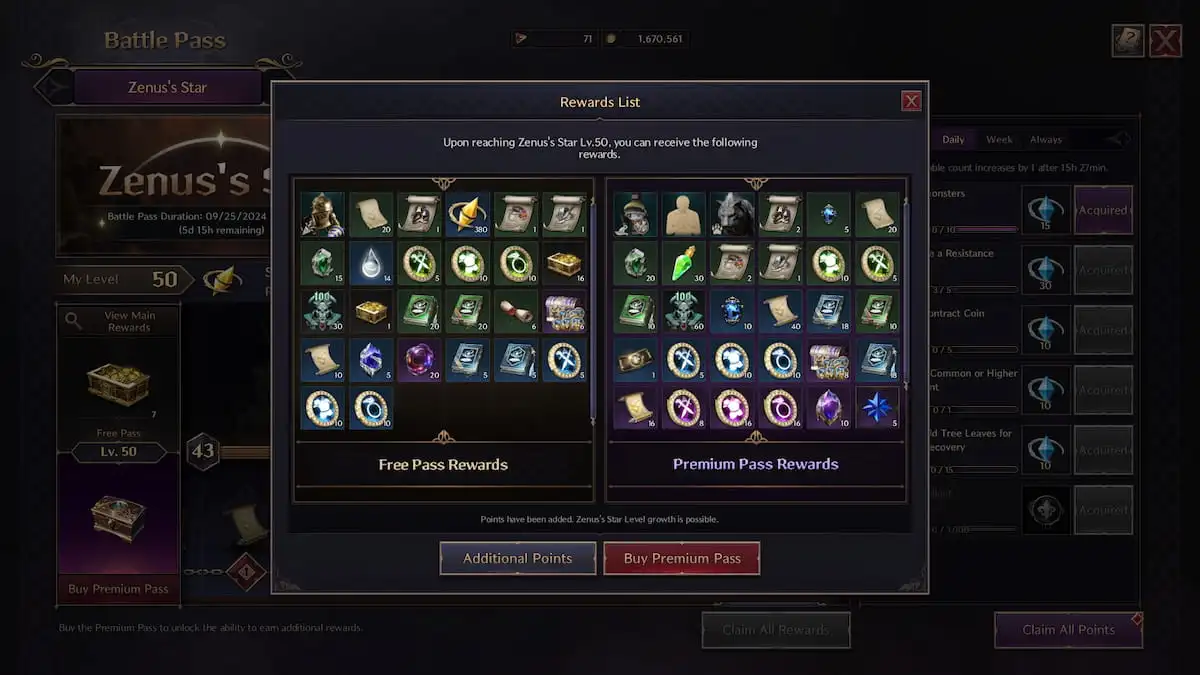 The battle pass rewards in Throne and Liberty presented in a grid.