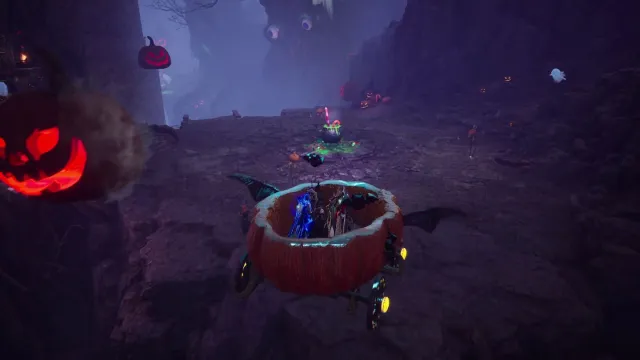 Six Throne and Liberty player characters stand in a flying carriage shaped like a hollowed out pumpkin with wheels. Image from the Haunted Labyrinth event dungeon