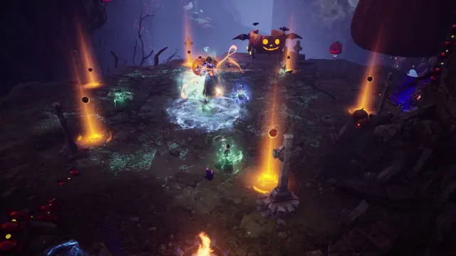 Throne and Liberty player characters fight a ghost with a jack-o-lantern head surrounded by tombstones. Image from the Haunted Labyrinth event dungeon.