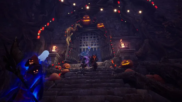 Costumed players run up a stone staircase decorated with Halloween decorations. Promotional image for the Haunted Labyrinth event dungeon in Throne and Liberty.