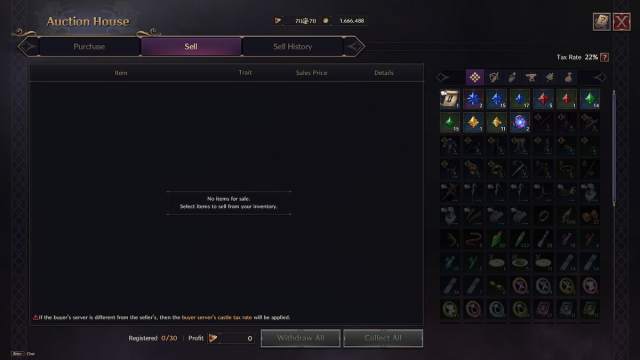 Selling menu of the Auction House in Throne and Liberty