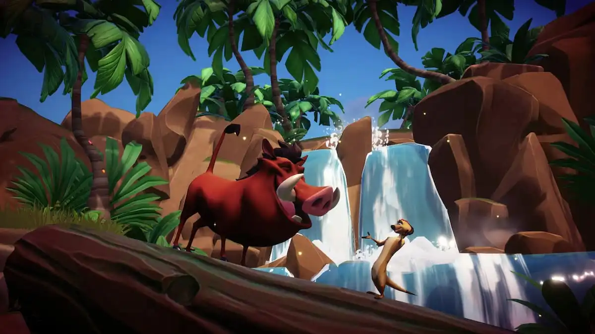 Timon and Pumbaa on a log in Disney Dreamlight Valley.