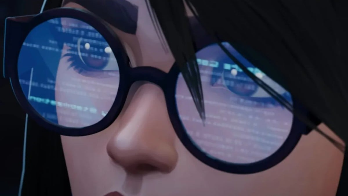 Killjoy looking at a screen with the code being reflected on her glasses