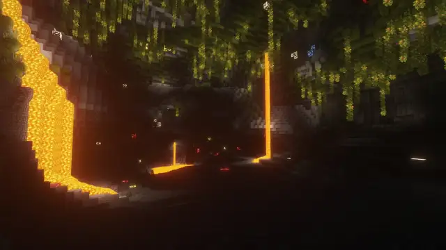 Visible ores in a lush cave in Minecraft.