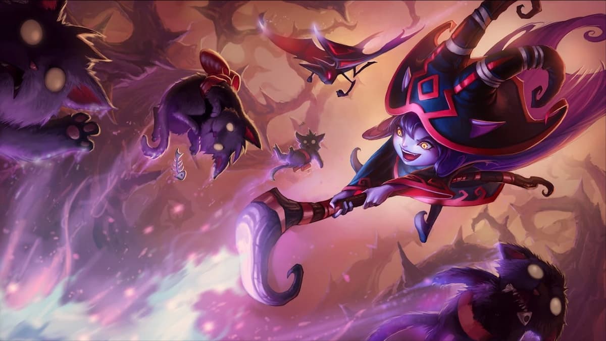 The Wicked Lulu skin splash art in League of Legends shwoing a tiny yordle creature wearing an oversized hat riding a purple broom.