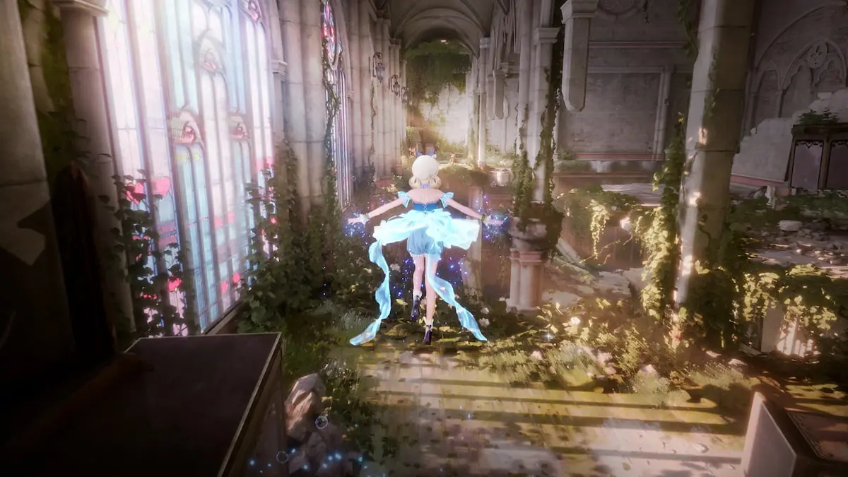 Infinity Nikki floats through a church in her blue dress