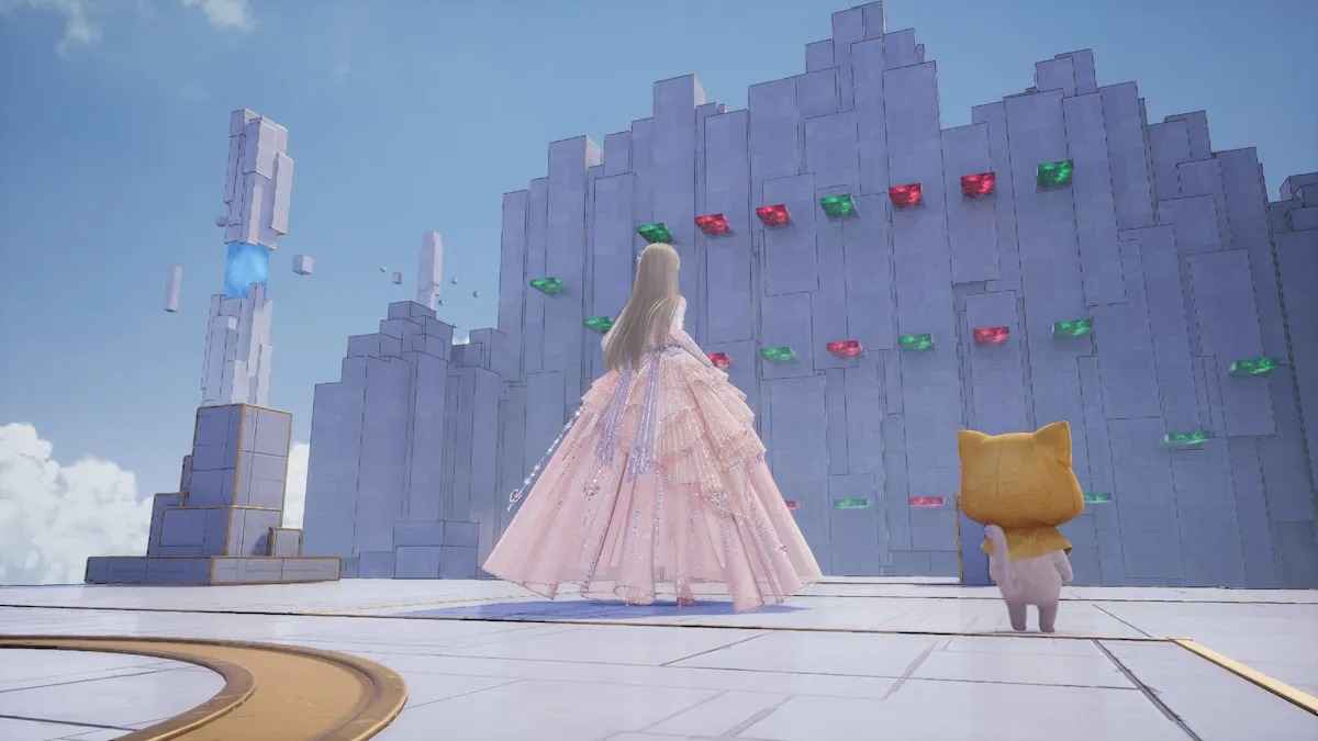 nikki in a pink ballgown playing a mini game with red and green blocks