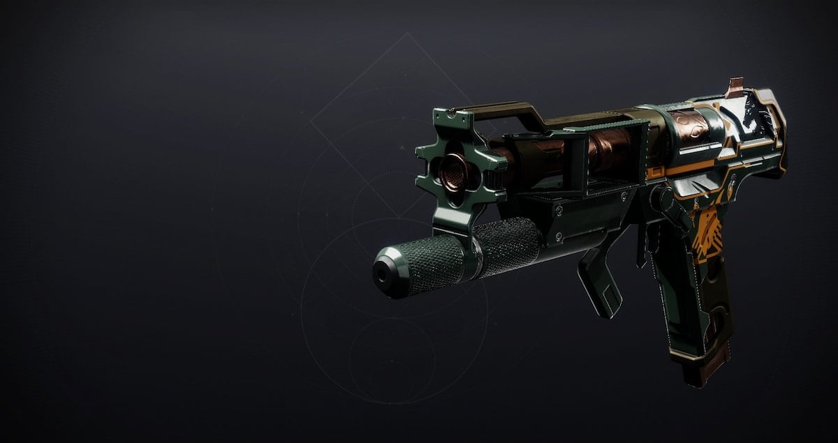 The Tinasha's Mastery sidearm in Destiny 2. This sidearm looks like the High Albedo pistol from Europa, though filled with the green, bronze, and yellow motifs from Iron Banner.